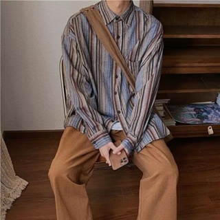 韓國男士高品質時尚休閒條紋襯衫中性超大休閒襯衫