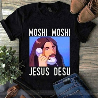 [Chic 上衣] Moshi Moshi Jesus Desu Funny Meme T 恤黑色純棉男士 S 6Xl