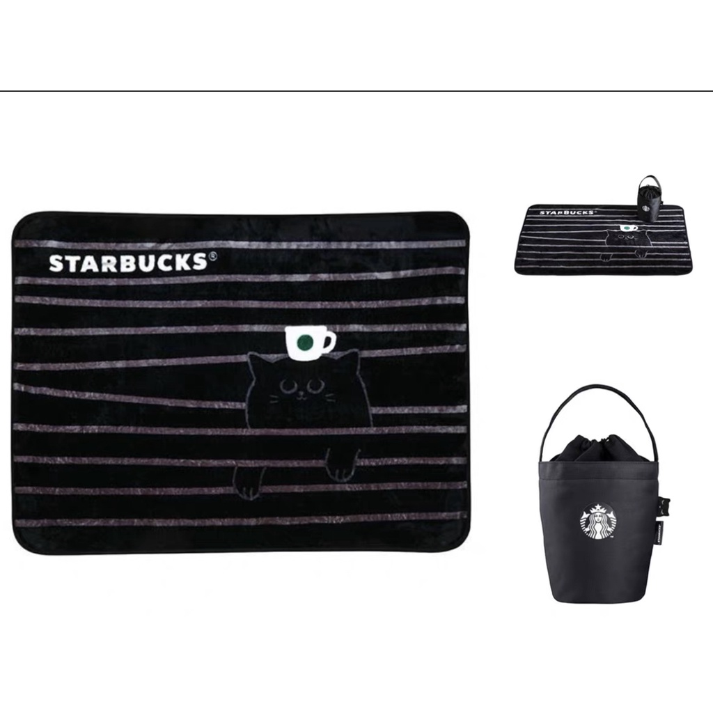 Starbucks官方正品！韓國星巴克2022萬聖節黑貓迷藏毛毯連袋地毯