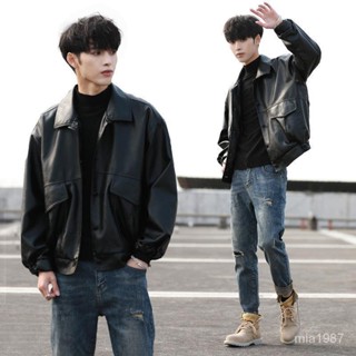 【精品男裝】韓版潮流寬鬆皮衣男大碼短款春鞦機車服學生青年飛行員皮夾剋外套jioyh 5MP0