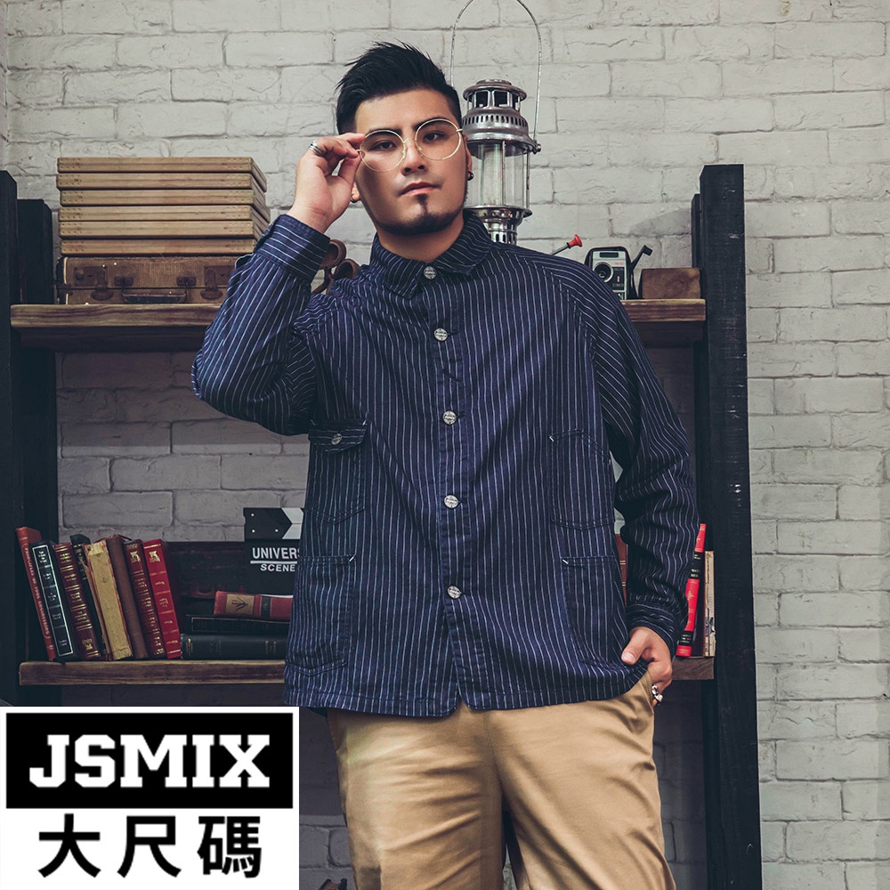 JSMIX大尺碼服飾-大尺碼水洗復古條紋牛仔夾克【24JQ7665】