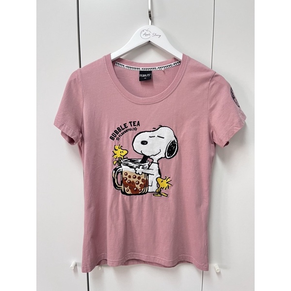 專櫃Snoopy史奴比喝黑糖珍珠奶茶圓領短袖T恤-粉