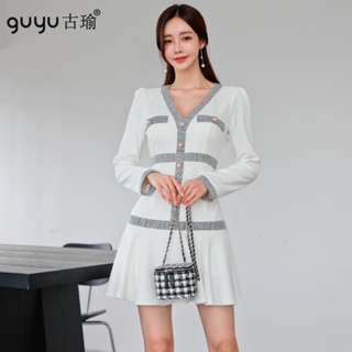 guyu古瑜 秋冬洋裝【現貨S-XL】2022新款韓國女生小香風V領長袖短板魚尾洋裝白色小禮服緊身連身裙