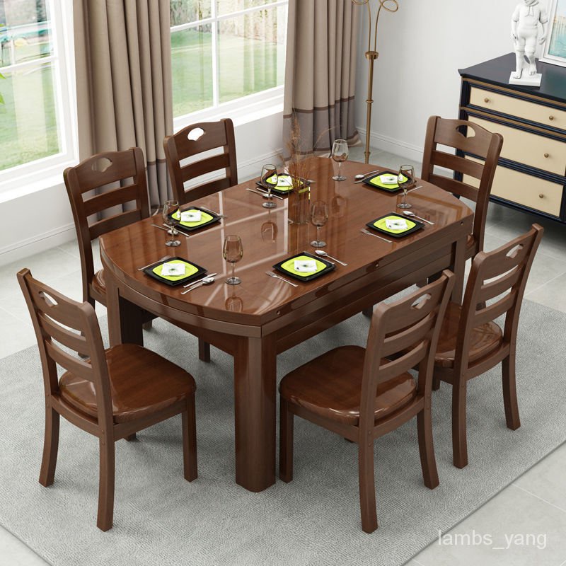 全實木餐桌椅組閤純橡木可伸縮折疊圓桌10人圓桌傢用小戶型飯桌子