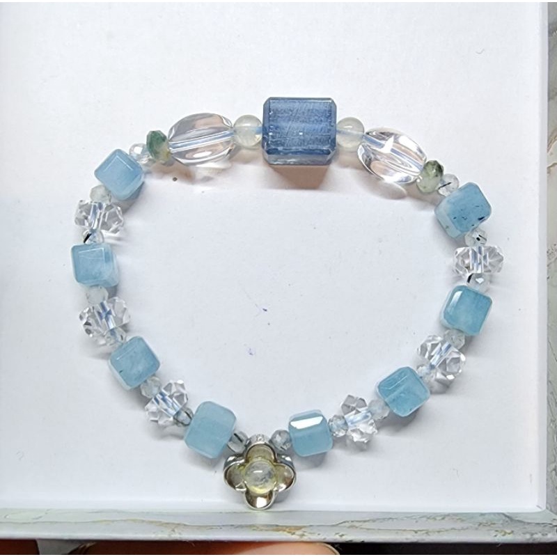 藍晶，海藍寶魔方，玻璃體白月光，白水晶，設計款手珠 手串