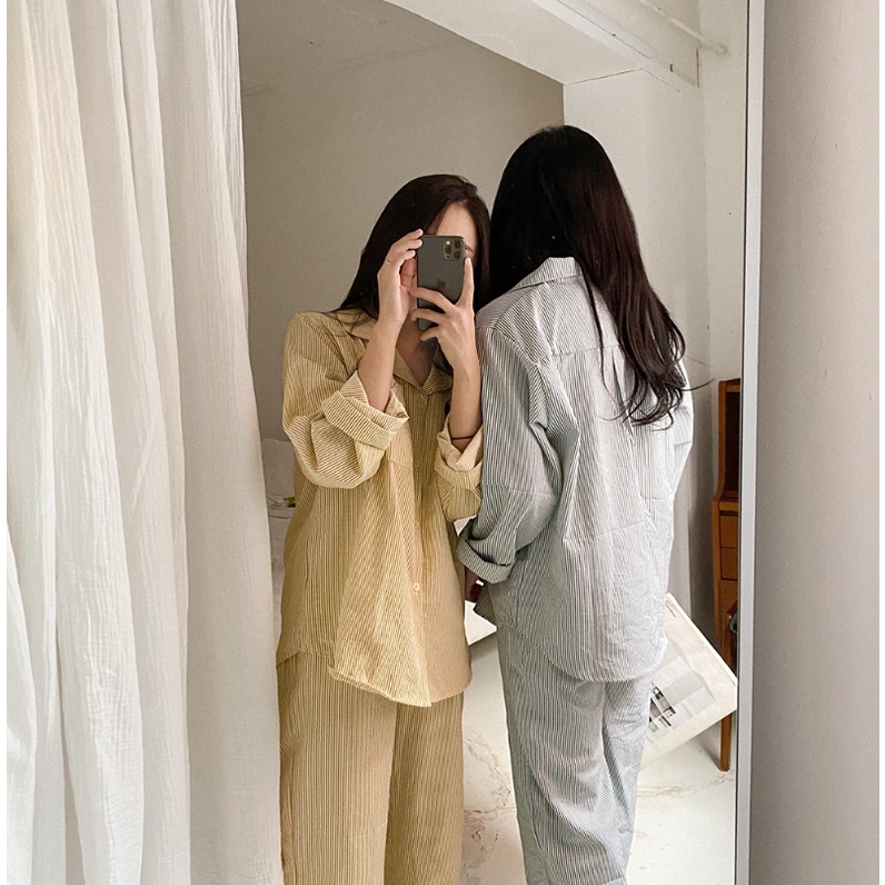 ONECLOUD韓國代購｜現貨+預購juuneedu豎條紋長袖睡衣、可當情侶睡衣