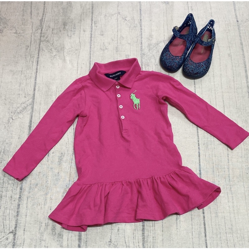 二手正品polo-Ralph Lauren大馬標女童兒童桃紅色荷葉裙擺洋裝 2T