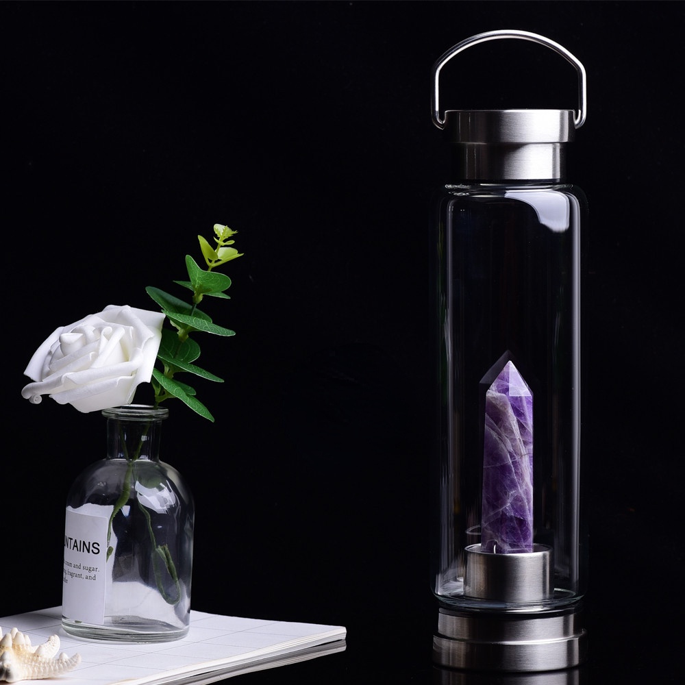 天然水晶六稜單尖柱能量石水瓶玻璃運動水杯水壺款新品