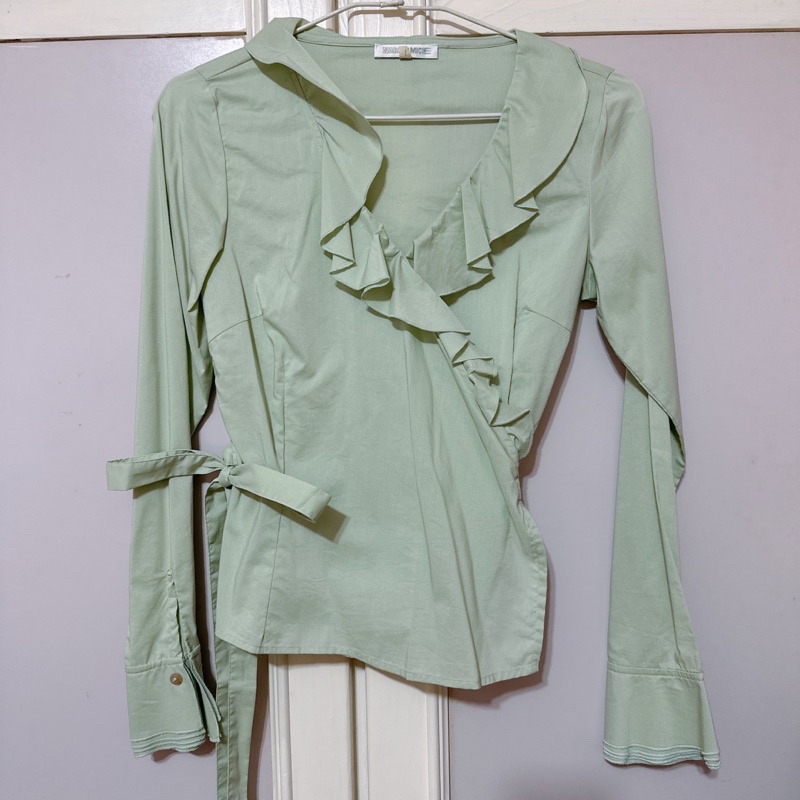 二手 義大利品牌 NARACAMICIE 經典開襟荷葉設計 綁帶襯衫 造型襯衫 薄荷綠/粉紫色 s號