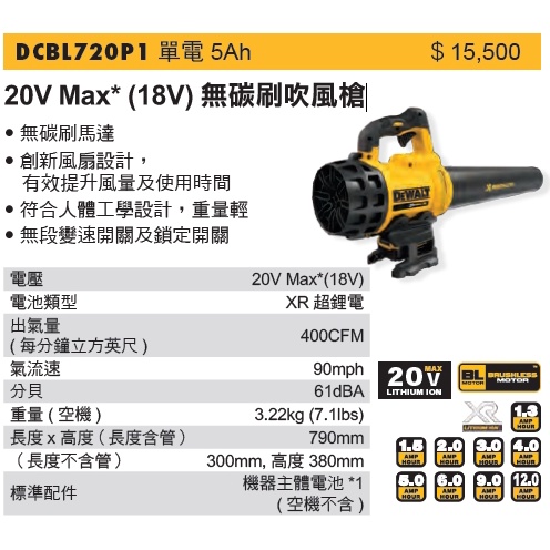 DEWALT 得偉 DCBL720P1 20V Max* (18V) 無碳刷吹風槍 (含稅)