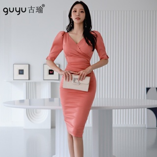 OL洋裝 韓版 S-XL 2022夏天V領短袖合身office洋裝 合身及膝洋裝 酒會禮服
