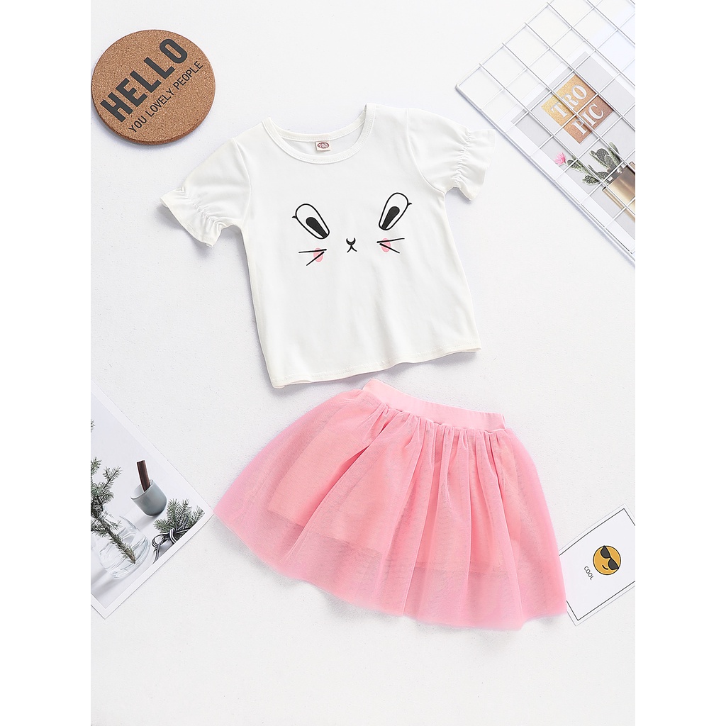1-5 年蹣跚學步的女孩 2 件套衣服 / 可愛的 Catoon 兔子兒童女孩短袖 T 卹 + 芭蕾舞短裙 / 嬰兒女孩