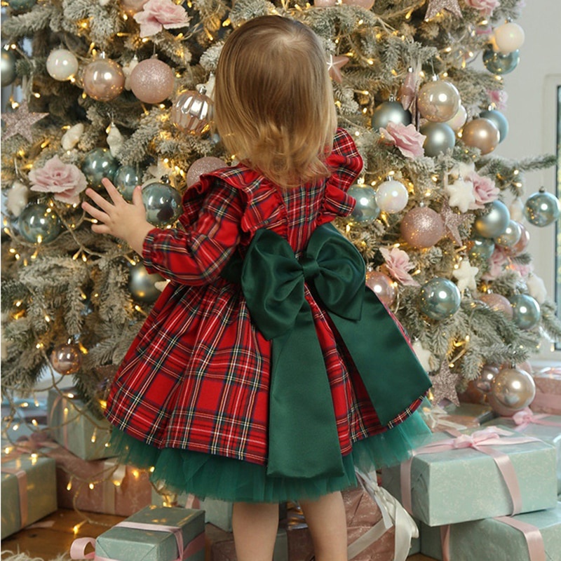 新款 6M-5 歲女孩蹣跚學步的聖誕裙兒童紅色綠色格子蝴蝶結連衣裙的女孩聖誕節派對公主服裝衣服