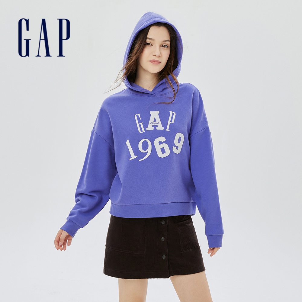 Gap 女裝 Logo寬鬆刷毛帽T 碳素軟磨系列-藍紫色(506326)