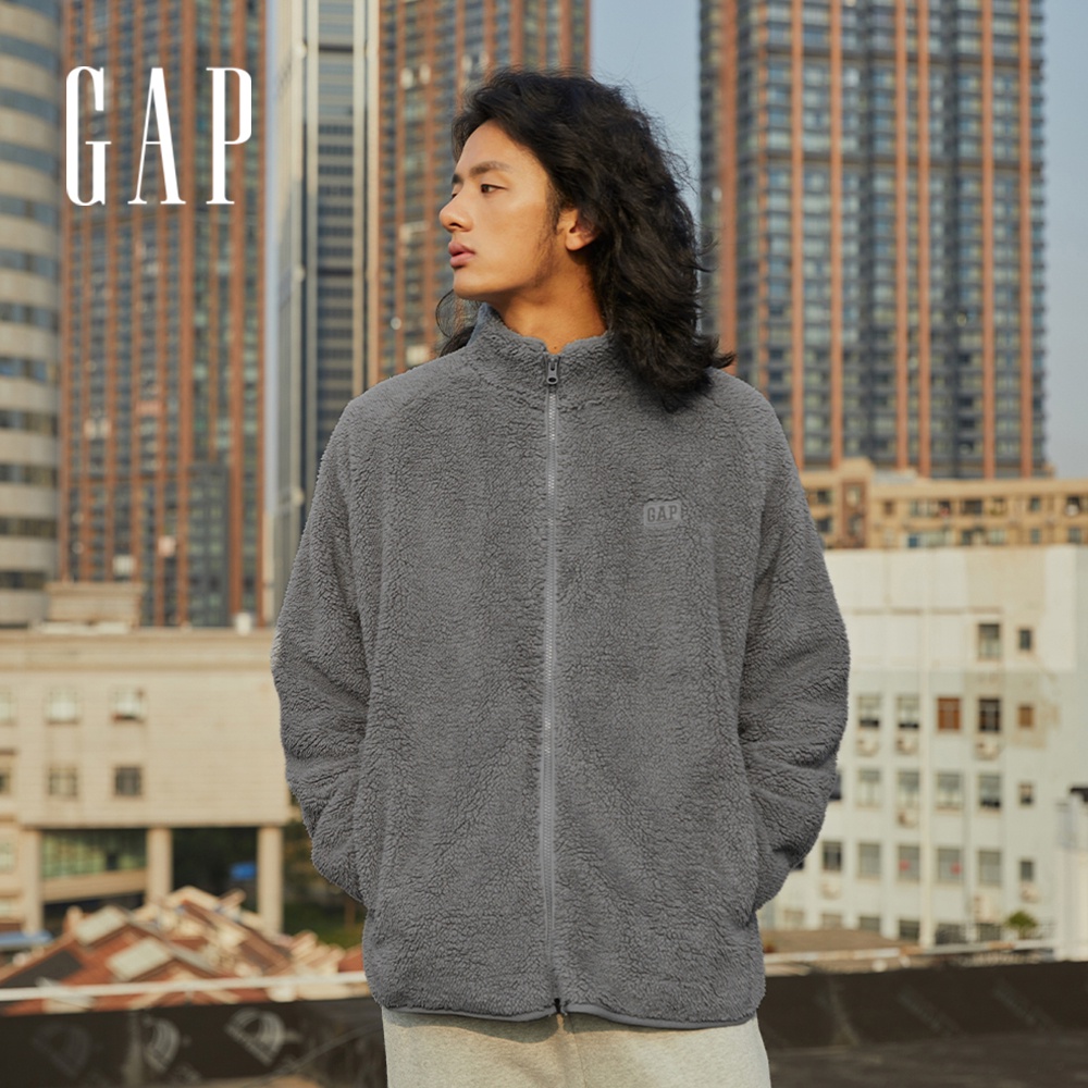 Gap 男女同款 Logo絨毛長袖外套 抱抱絨系列-灰色(474429)