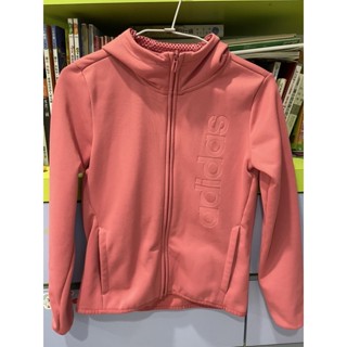 二手-專櫃九成新Adidas 大童裝 珊瑚紅 紅大LOGO 連帽外套 運動外套刷毛 保暖