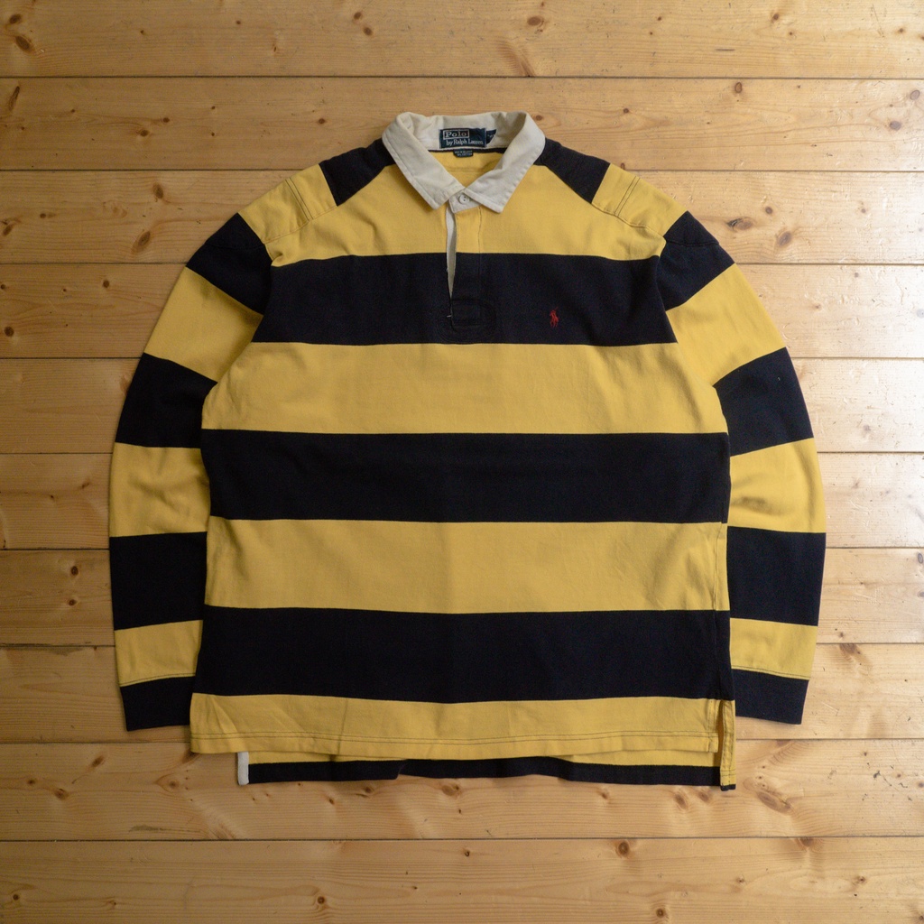 《白木11》 90s Polo Ralph Lauren rugby shirt 深藍黃 條紋 橄欖球 長袖 Polo衫