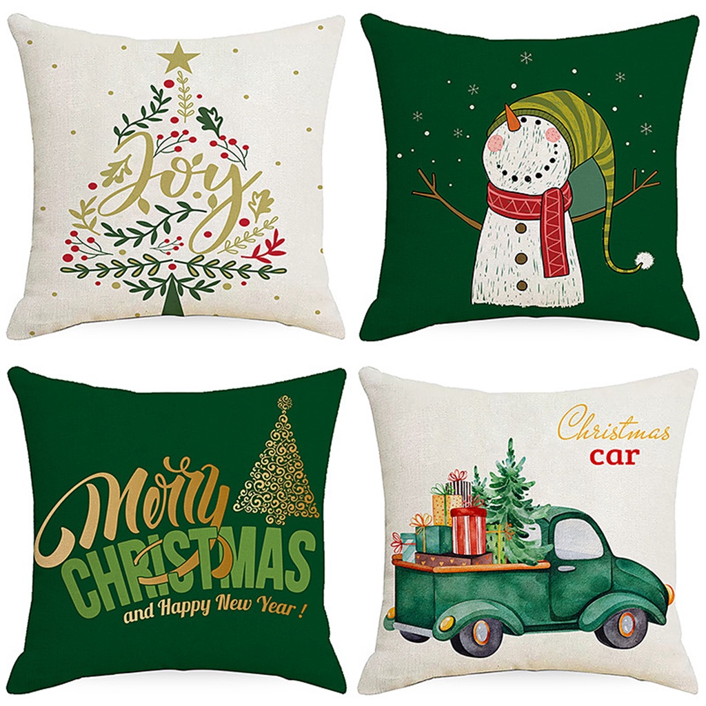 綠色聖誕元素枕頭套 節日裝飾亞麻抱枕套 客廳沙發擺設抱枕套70 × 70.60 x 60.50 x 50.45 x 45