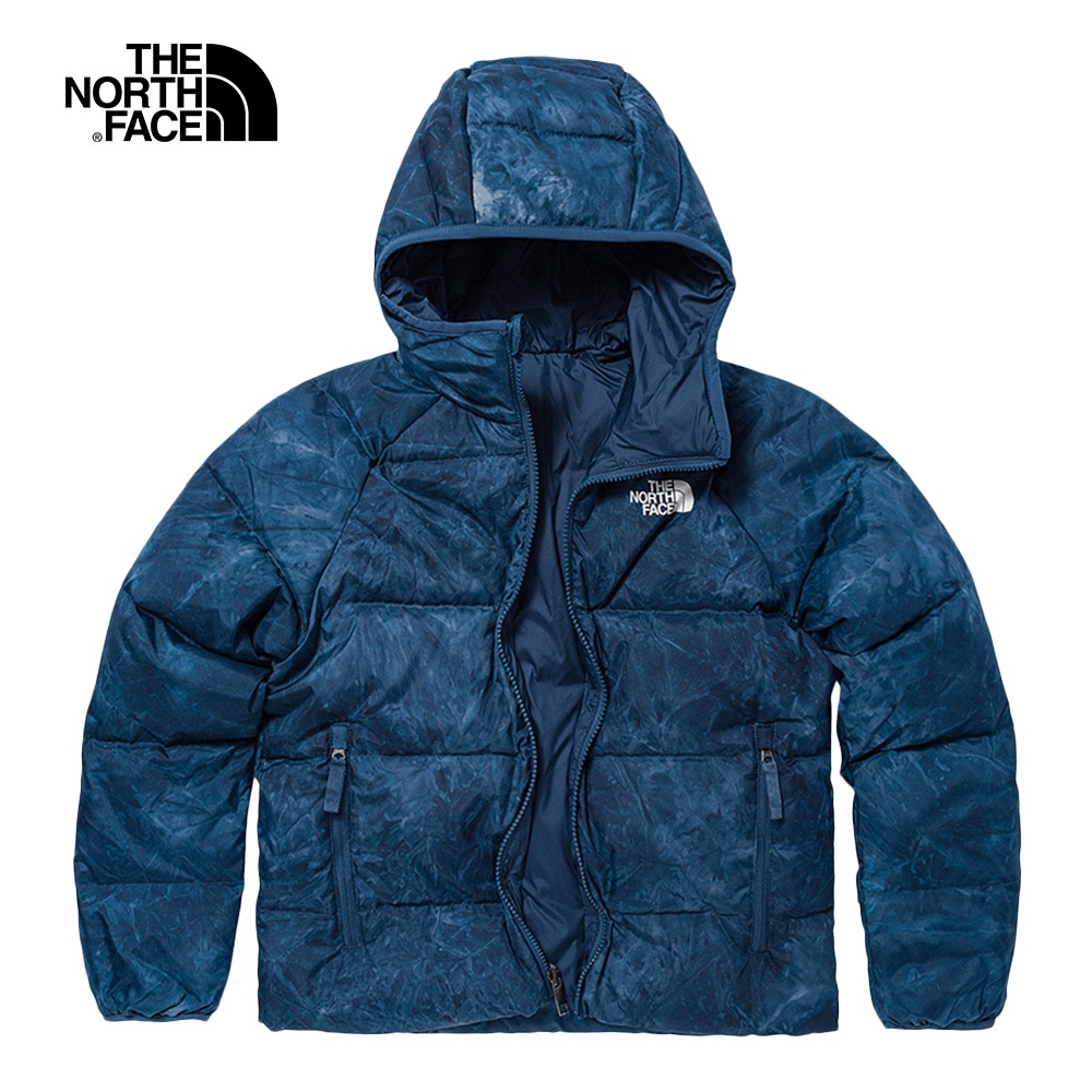 The North Face北面兒童深藍印花防潑水雙面穿保暖連帽羽絨外套｜7WOP976