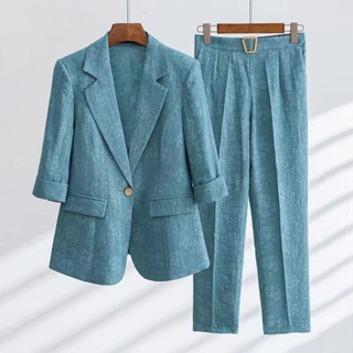 單/套裝時尚女裝夏季薄款2022西式休閒西裝外套+褲子兩件套