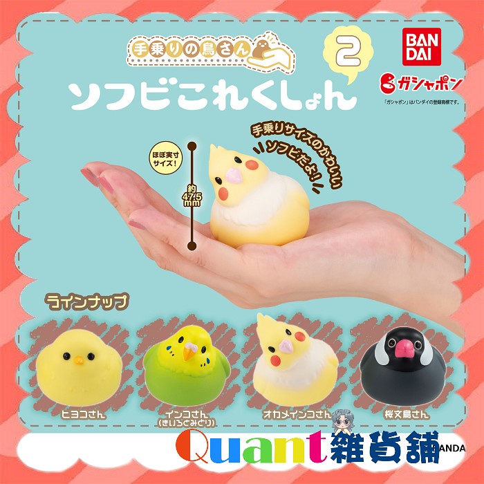 ∮Quant雜貨鋪∮┌日本扭蛋┐ BANDAI 掌中鳥兒軟膠公仔P2 全4款 文鳥 玄鳳 虎皮鸚鵡 小雞 櫻文鳥 轉蛋