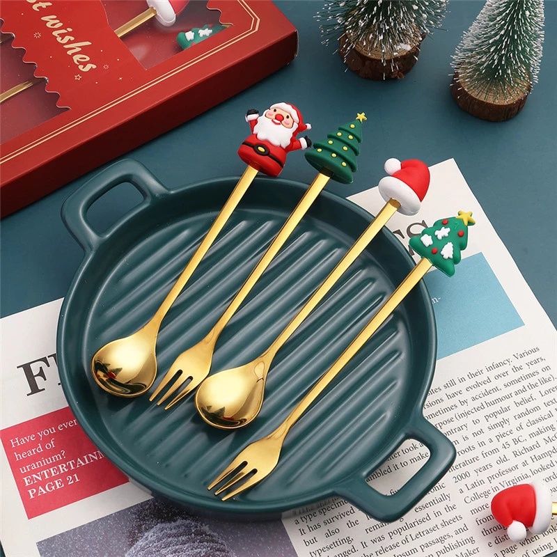 2 件 / 套聖誕湯匙叉子不銹鋼創意 3D 家用廚房配件餐具裝飾咖啡勺聖誕節派對聖誕老人沙漠叉 Navidad Noel