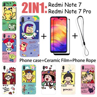 2 合 1 Redmi Note 7 7 Pro 手機殼帶鋼化玻璃陶瓷膜螢幕保護膜可愛人物系列