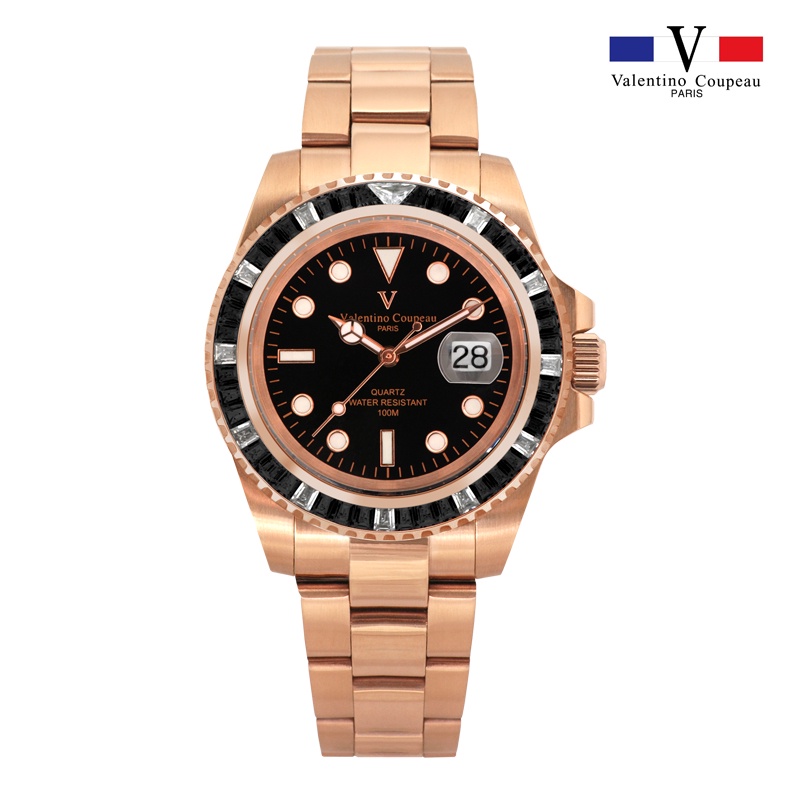 【范倫鐵諾 Valentino Coupeau】T61589AAR 玫瑰金梯鑽圈經典潛水錶