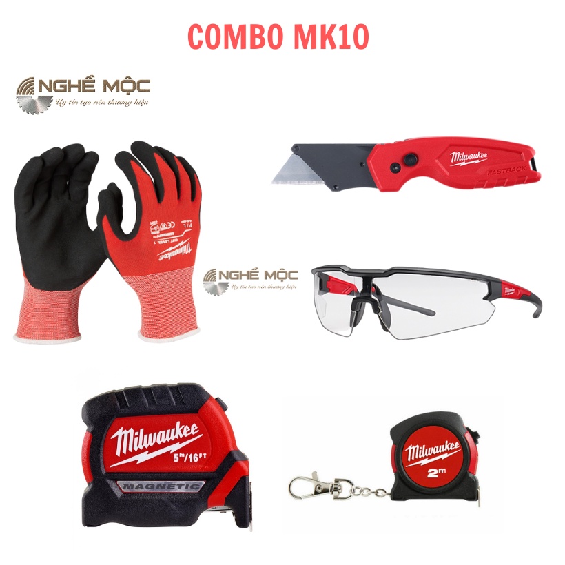 Combo MK10 MILWAUKEE(L1 手套、尺子 2m、5m、眼鏡、刀)