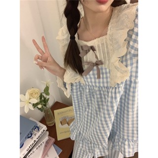 🔆小甜甜日系美衣ins日系甜美格子睡衣女春秋季蕾絲花邊蝴蝶結長袖冬天家居服套裝