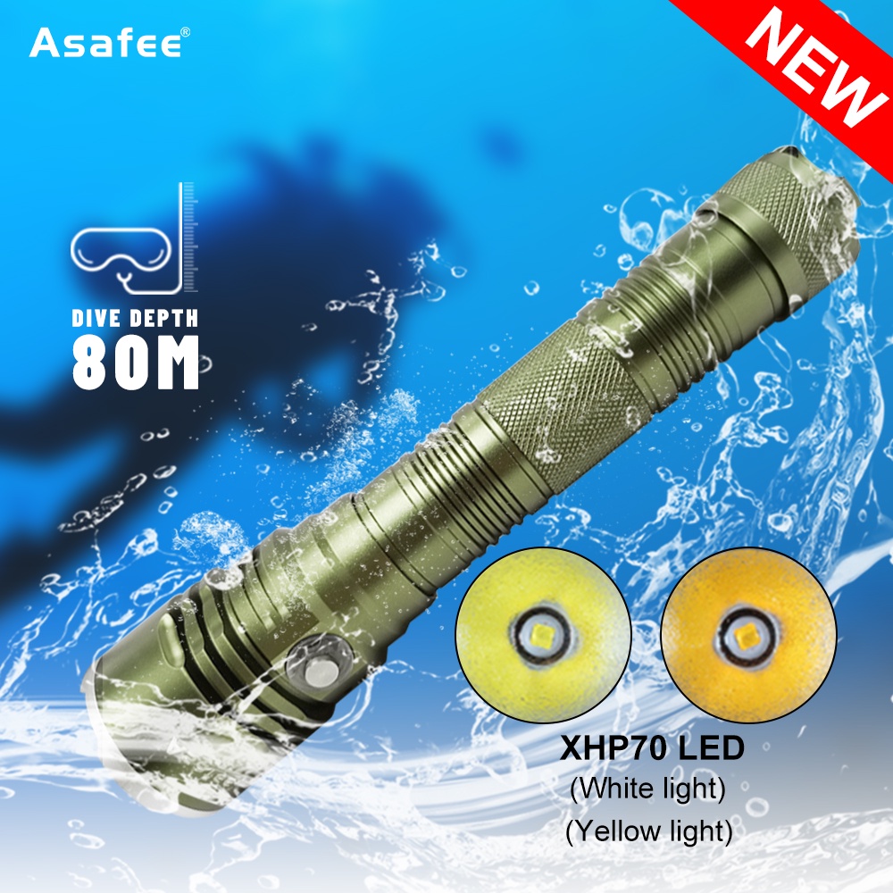 Asafee 2200LM A18 XHP70 LED 超強光潛水手電筒水肺潛水使用 18650/26650 電池水下