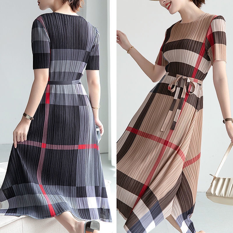 三宅風格抽繩裙褶皺洋裝 氣質英倫風大尺碼寬鬆洋裝 夏季新款高彈性超輕超薄格子印花