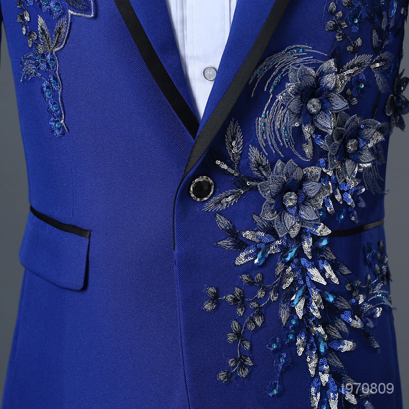 柯蘭英藍男舞臺演齣服西裝套裝禮服鑲花鑲鑽歌手主播藍色妖姬外套
