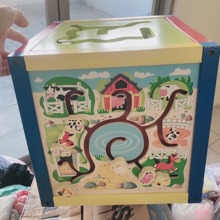 二手✨木製 五合一學習玩具 百寶箱 感統玩具 白板 繞珠箱 木頭 積木 翻板 顏色 數字 動物 英文 單字 早教玩具