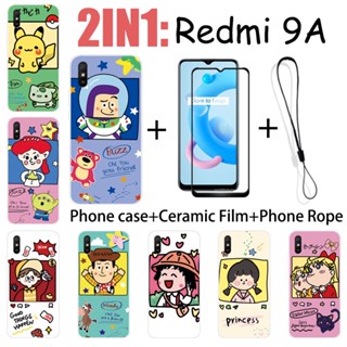 2 合 1 Redmi 9A 手機殼帶鋼化玻璃陶瓷膜螢幕保護膜可愛人物系列