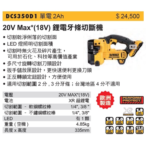 DEWALT 得偉 DCS350D1 20V Max*(18V) 鋰電牙條切斷機 單電2.0一顆 (含稅)