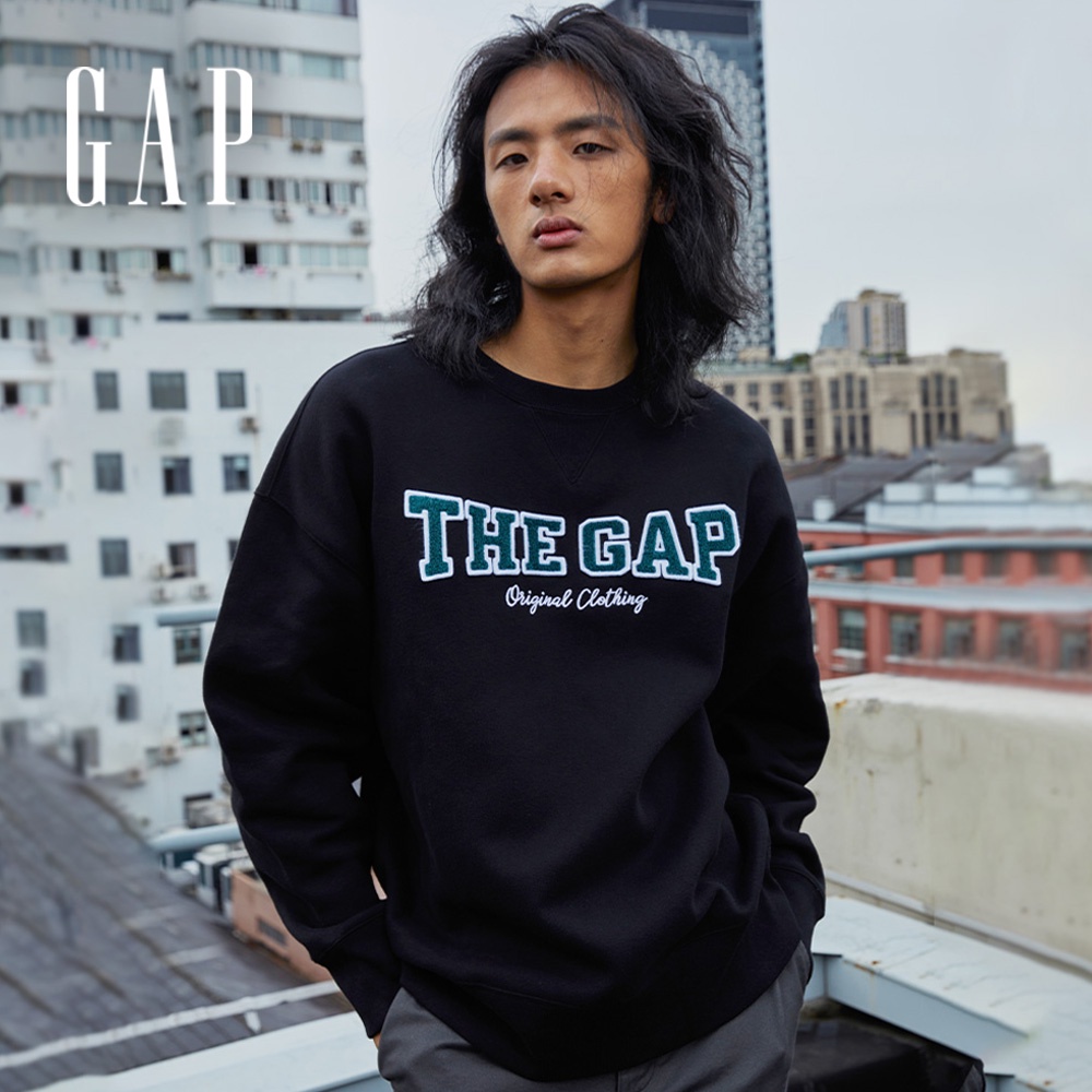 Gap 男裝 Logo刷毛大學T 碳素軟磨系列-黑色(448327)