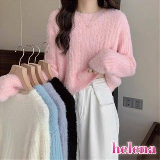 【Helena】水貂絨毛衣 針織上衣 長袖上衣 短版上衣 韓系柔和風氣質簡約修身百搭加絨針織衫 毛衣女【A260】