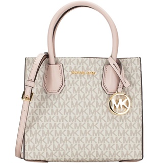 【Michael Kors】MERCER粉x香草白PVC滿版LOGO三層中款手提斜背包