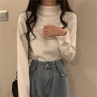 SLEEP-雙面磨毛德絨秋冬打底衫女半高領學生長袖內搭保暖堆堆領發熱上衣 長袖上衣 圓領上衣
