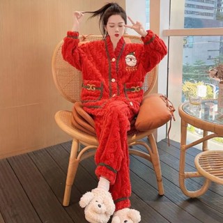 聖誕節睡衣 聖誕服 聖誕套裝 聖誕睡衣 聖誕衣 聖誕老人珊瑚絨睡衣女秋冬款刷毛超厚2022新款法蘭絨秋冬季居家服