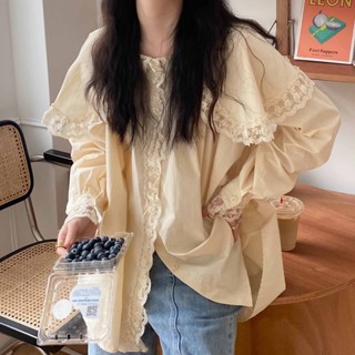 甜美浪漫秋季新款蕾絲娃娃領法式甜美寬鬆長袖襯衫中長款女 長袖襯衫 蕾絲襯衫 寬鬆襯衫 長袖上衣 寬鬆上衣 韓版襯衫