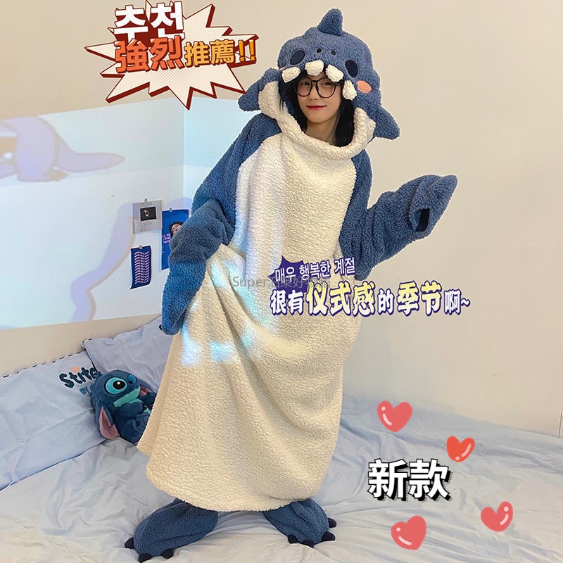 台灣免運 六款法蘭絨睡袍 睡衣 史迪奇 可達鴨 鯊魚 恐龍 大白鵝 史迪仔 可愛 搞怪 睡衣套裝 珊瑚絨 保暖 情侶睡袋