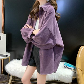 【HOSS】免運🔥燈芯絨襯衣外套女 韓版 長袖寬鬆慵懶上衣中長款襯衫外套女裝