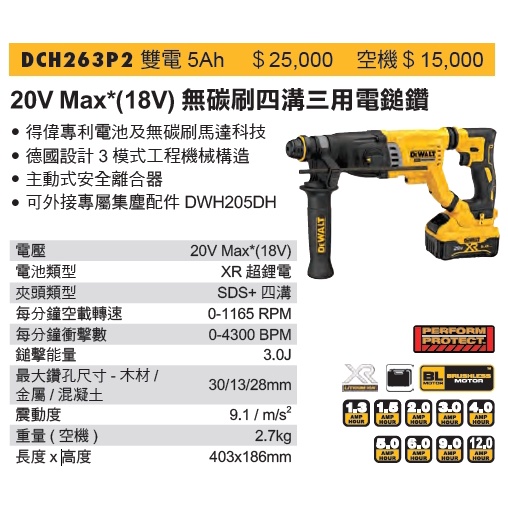 DEWALT 得偉 DCH263P2 20V Max*(18V) 無碳刷四溝三用電鎚鑽 (含稅)