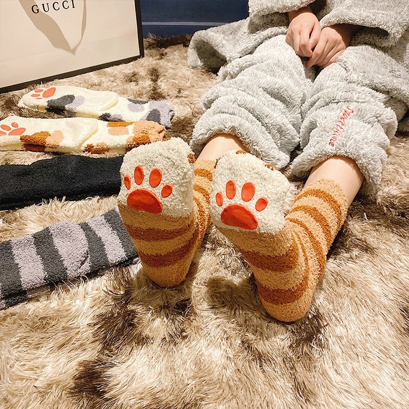 地板襪女 珊瑚絨襪子 冬季加厚可愛貓爪家居毛絨睡覺襪子 睡眠襪 長襪貓爪睡眠襪 保暖地板襪