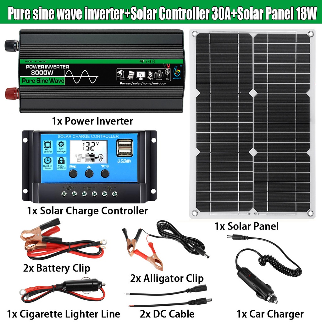 太陽能發電系統18W18V太陽能電池板+8000W 純正弦波智能逆變器12V轉220V/110V + 30A太陽能控制器