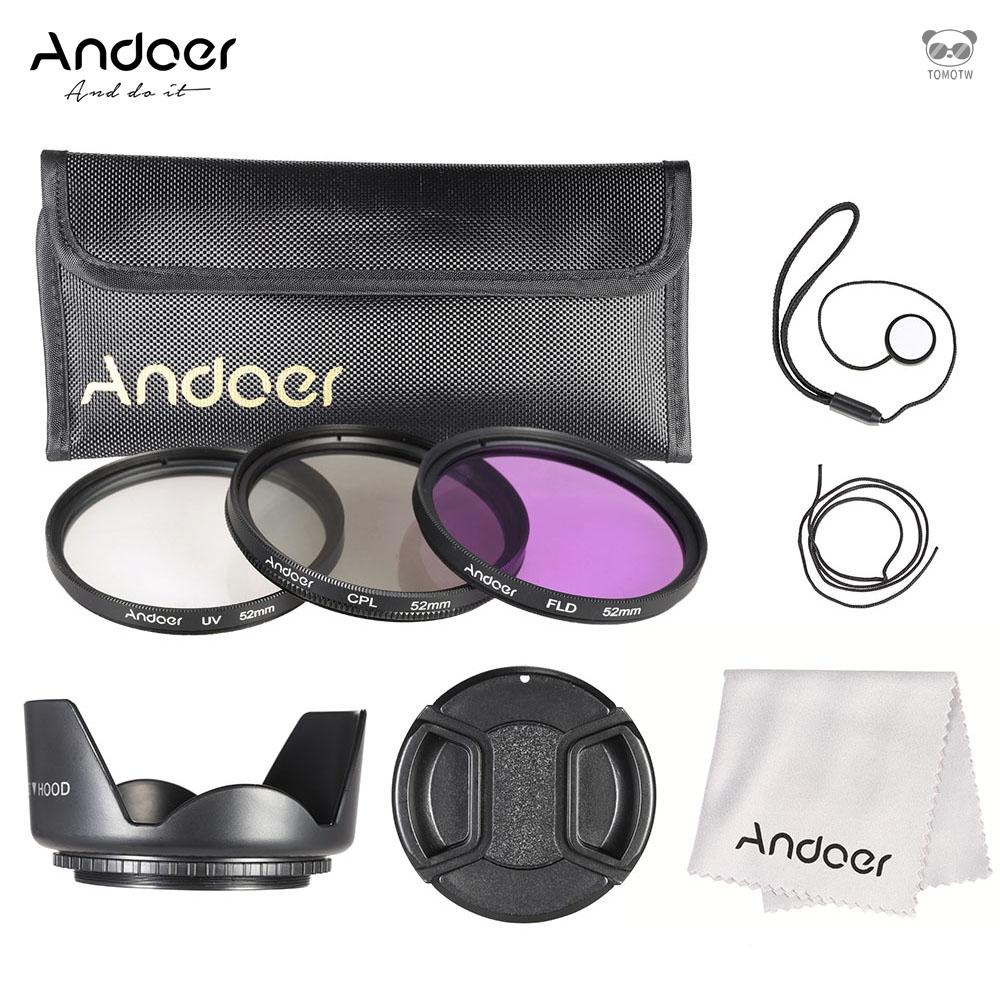 Andoer 濾鏡套裝（UV+CPL+FLD) UV鏡+偏光鏡+熒光鏡 52mm 配鏡頭蓋+鏡頭繩+蓮花遮光罩+清潔布