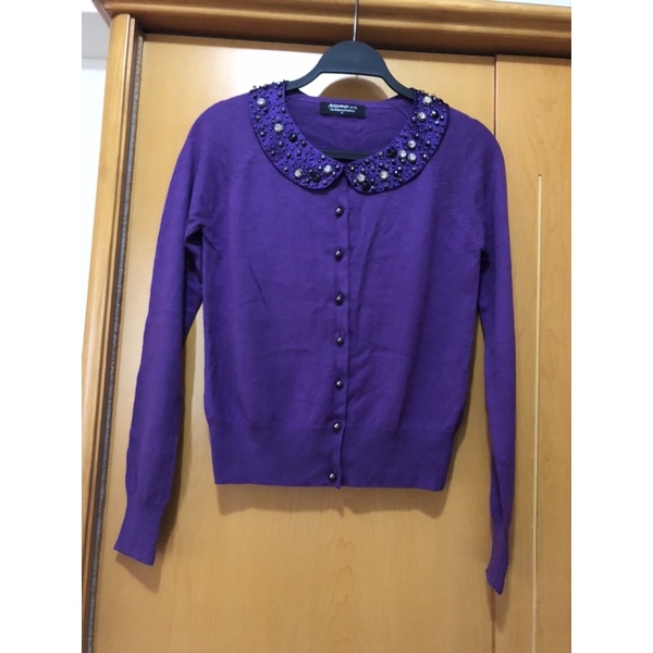 設計師專櫃品牌徐明秀全新安哥拉毛紫色緞面手工縫珠小圓領長袖毛衣