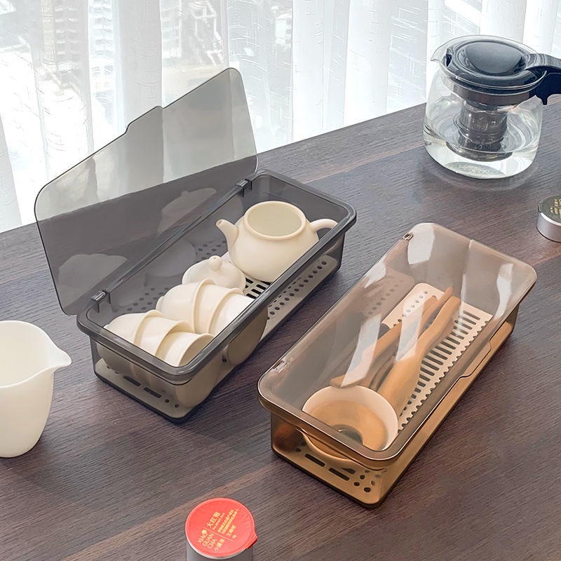 陸羽茶具茶杯收納盒家用桌面收納盒帶蓋防塵功夫茶杯茶壺可疊加茶具儲存盒